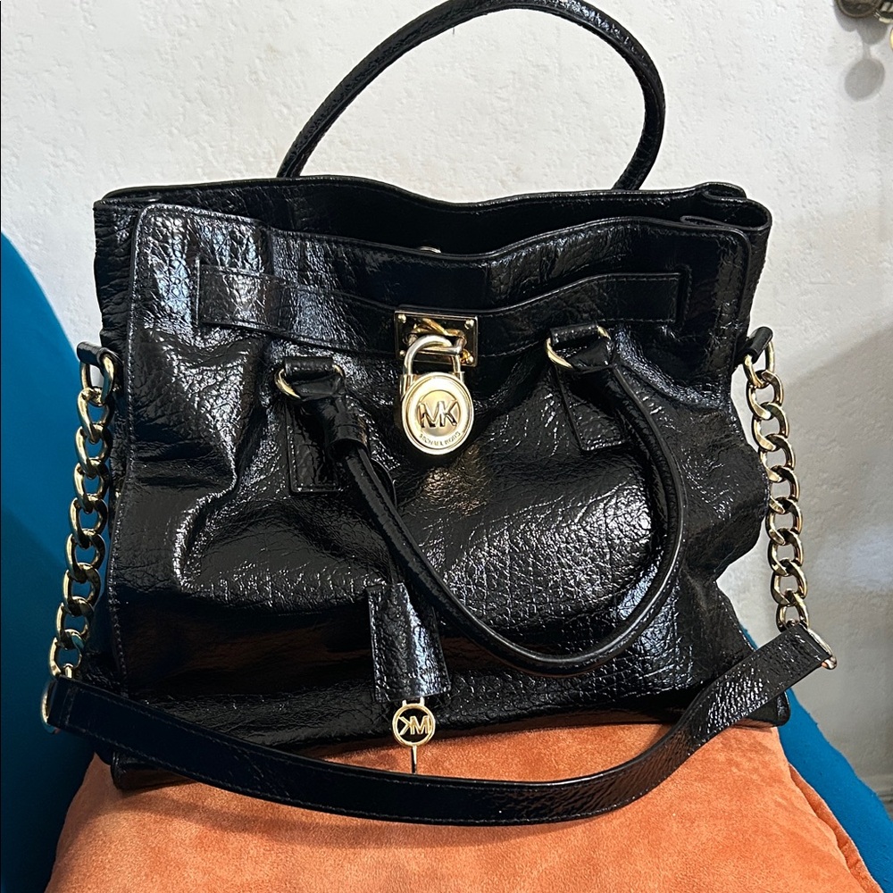 Michael Kors Hamilton Black Patent Leather Satchel with Gold Hardware